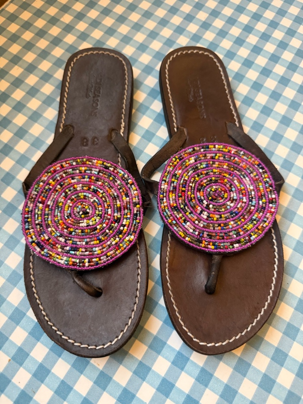Indi & Cold Ibiza Beaded Leather Sandals Boho Thong Size 38